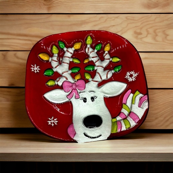 Christmas Rain Deer Platter Plate Artist Fused Painted Glass - Picture 1 of 11